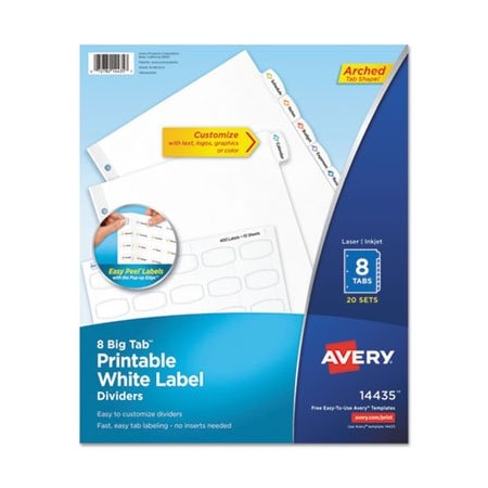 Avery Dennison Avery, BIG TAB PRINTABLE WHITE LABEL TAB DIVIDERS, 8-TAB, LETTER, 20PK 14435